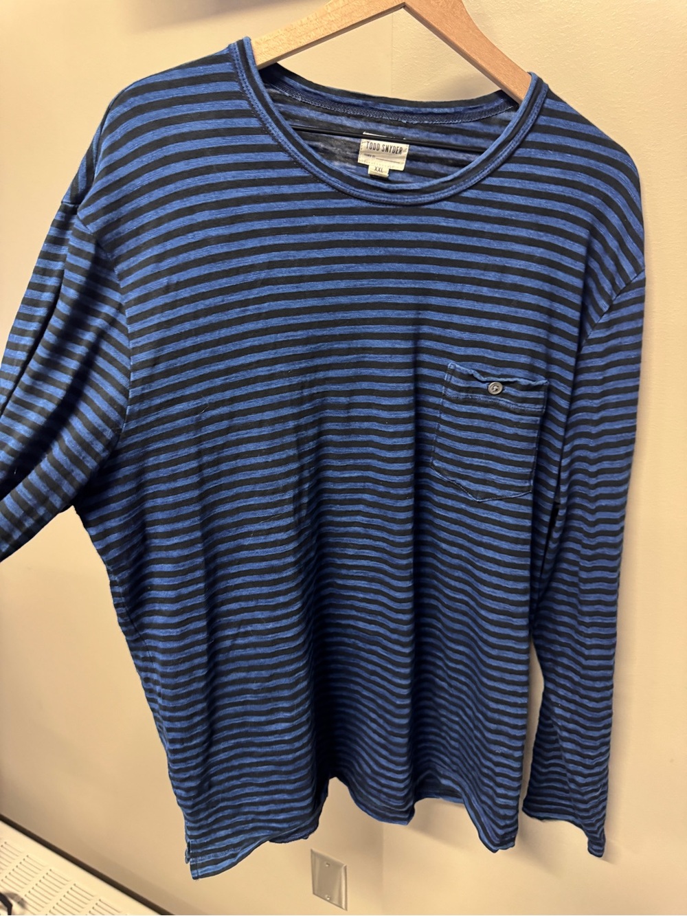 Todd Snyder Blue and Black Striped Long-Sleeve Pocket Tee